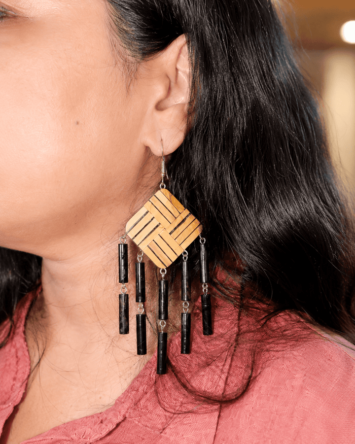 Jhumar Wooden Earrings – Ebony Inlaid Boxwood Chandelier Earrings - Chandrakalakriti