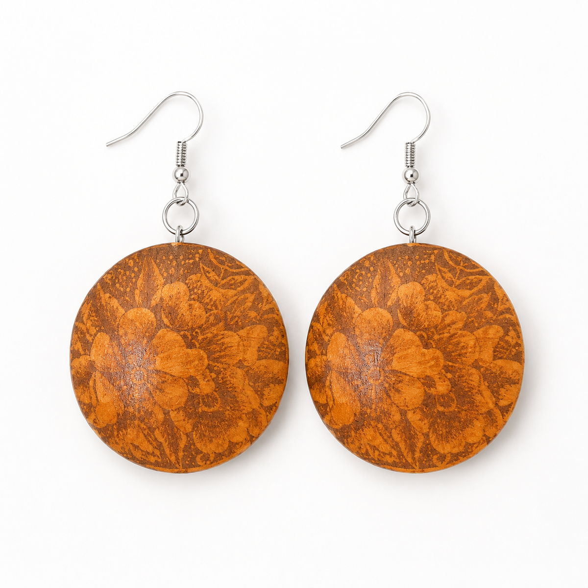 Madhulika Wooden Earrings – Engraved Boxwood Floral & Butterfly Discs