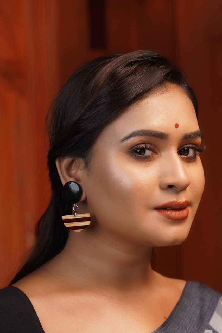 Tarangini Wooden Earrings – Ebony Disc & Banded Half-Round Danglers - Chandrakalakriti