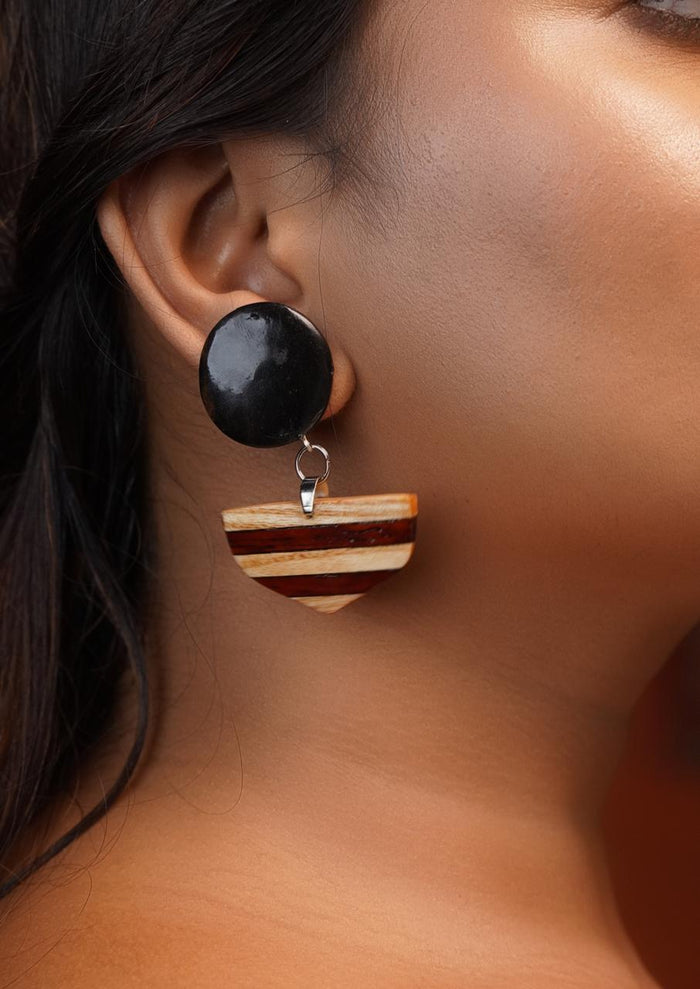 Tarangini Wooden Earrings – Ebony Disc & Banded Half-Round Danglers - Chandrakalakriti