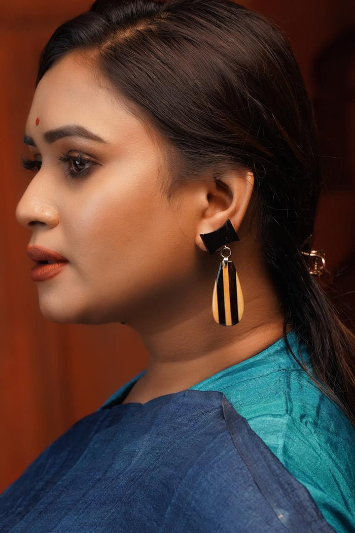 Kairavi Wooden Earrings – Ebony Bow & Striped Teardrop Danglers - Chandrakalakriti