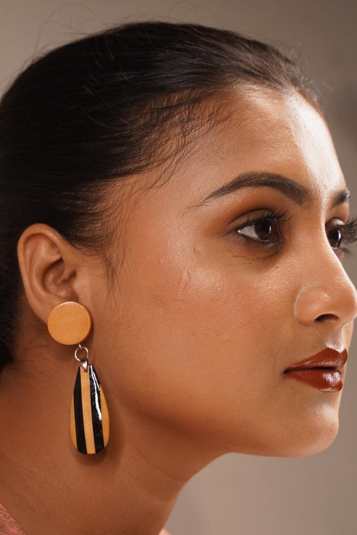 Vanishri Wooden Earrings – Striped Boxwood & Ebony Long Drops - Chandrakalakriti