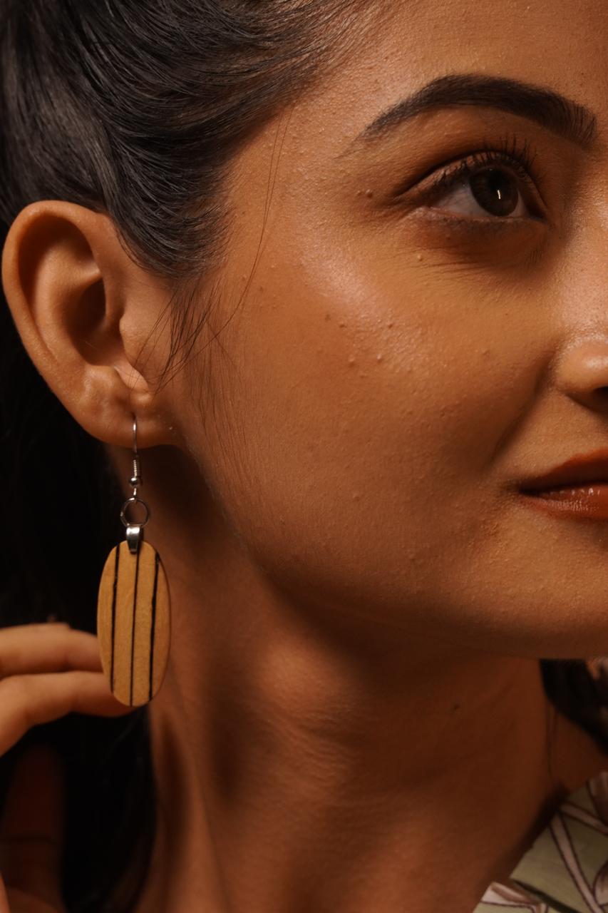Yamini Wooden Earrings – Maple Ovals with Veneer Lines - Chandrakalakriti
