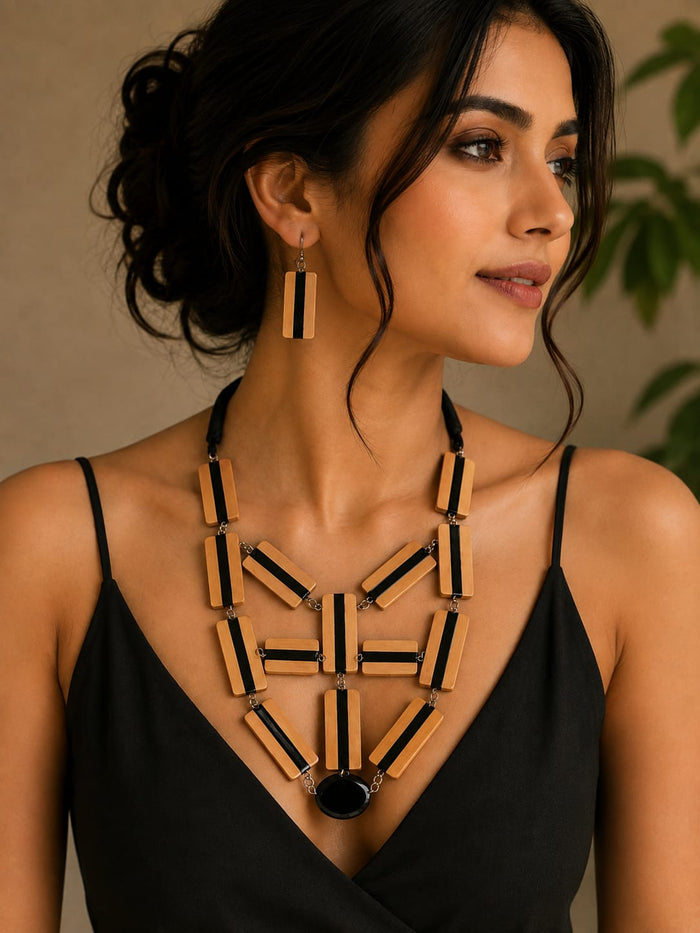 Sanskriti Wooden Jewellery Set – Joined Boxwood & Ebony Striped Bar Earrings with Bib Necklace - Chandrakalakriti