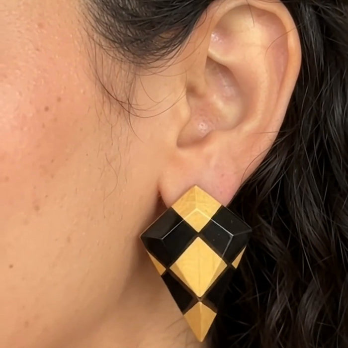 Ashtapada Wooden Earrings – Joined Boxwood & Ebony Chequered Kite Studs