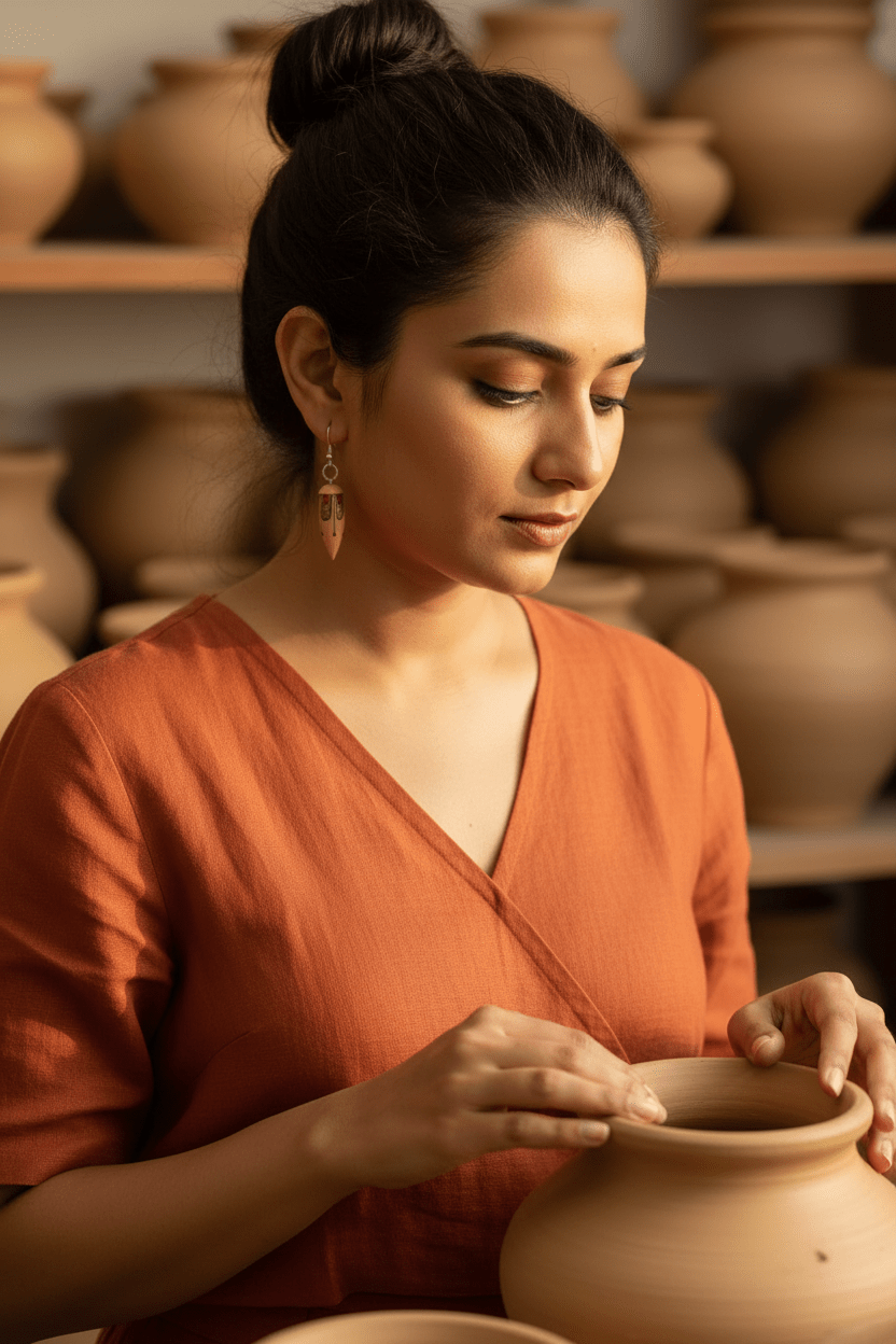 Hand-painted motif on the rounded Malvika drop, grain visible beneath the colour