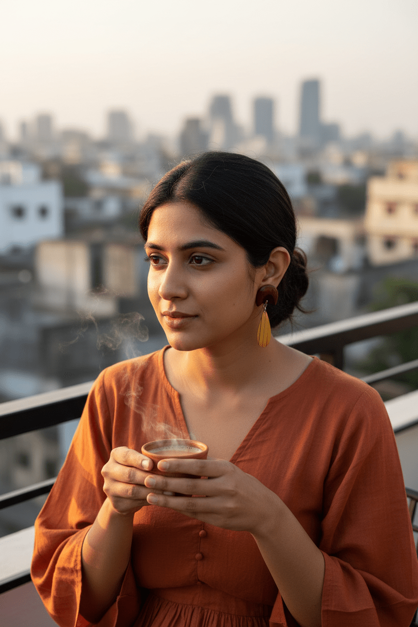 Oorja Wooden Earrings – Padauk Crescent & Inlaid Maple Teardrop Danglers - Chandrakalakriti