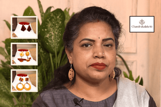 Wooden earrings matched to a blouse neckline