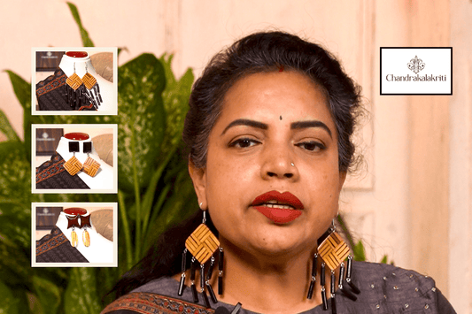 Printed saree styled with plain wooden earrings chosen by colour contrast