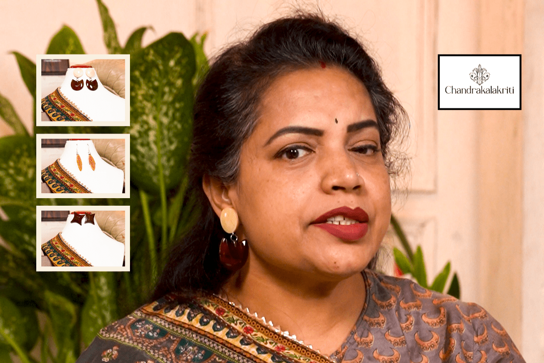 One pair of wooden earrings styled with two different sarees