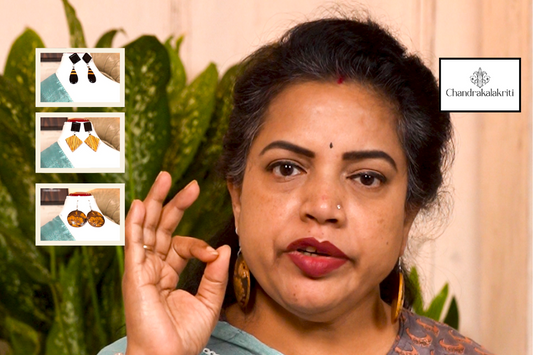 Handcrafted wooden earrings paired with a traditional saree, showcasing sustainable and artisanal jewelry.