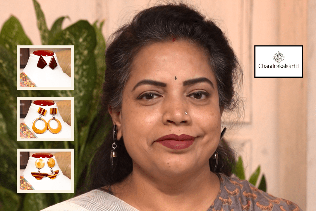 One saree styled three ways using three different pairs of wooden earrings