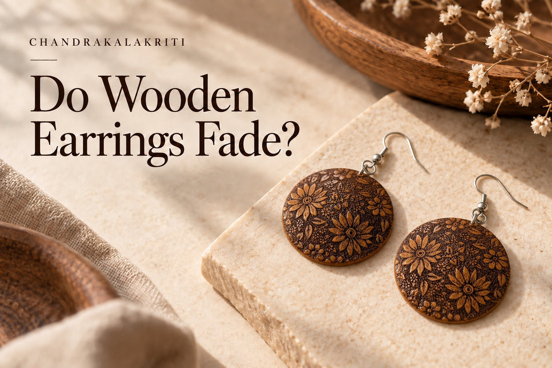 Hand-engraved floral wooden disc earrings on a pale stone surface in daylight