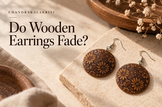 Hand-engraved floral wooden disc earrings on a pale stone surface in daylight