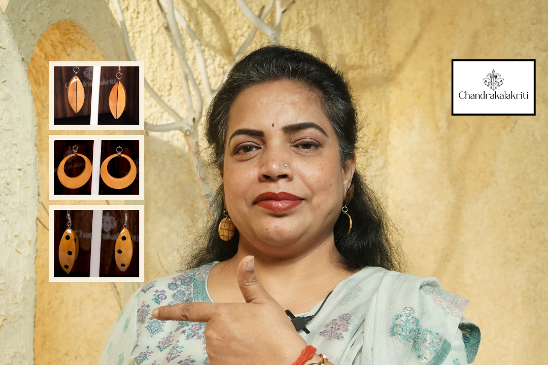  Flat lay of wooden earrings with leaves and natural textures showcasing eco-friendly fashion