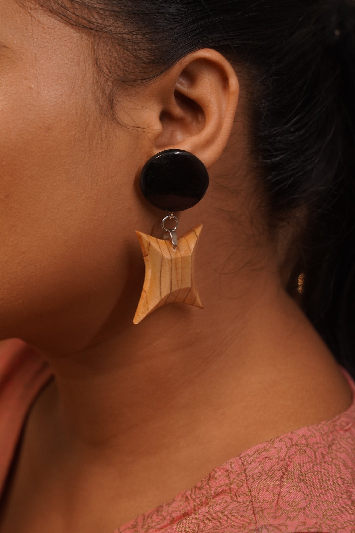 Pankhuri wooden dangle earrings in Ebony and Maple, handcrafted in India by Chandrakalakriti