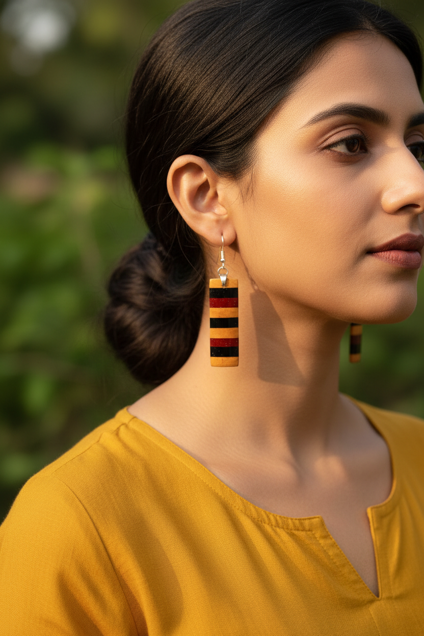Wooden earrings in Maple, Padauk and Ebony worn with a mustard kurta