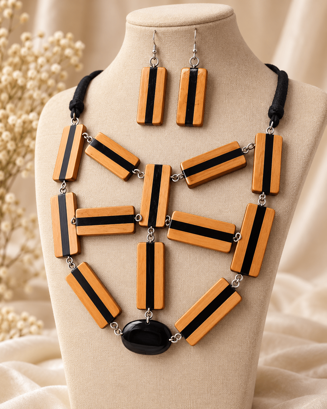 Sanskriti Wooden Jewellery Set – Joined Boxwood & Ebony Striped Bar Earrings with Bib Necklace - Chandrakalakriti