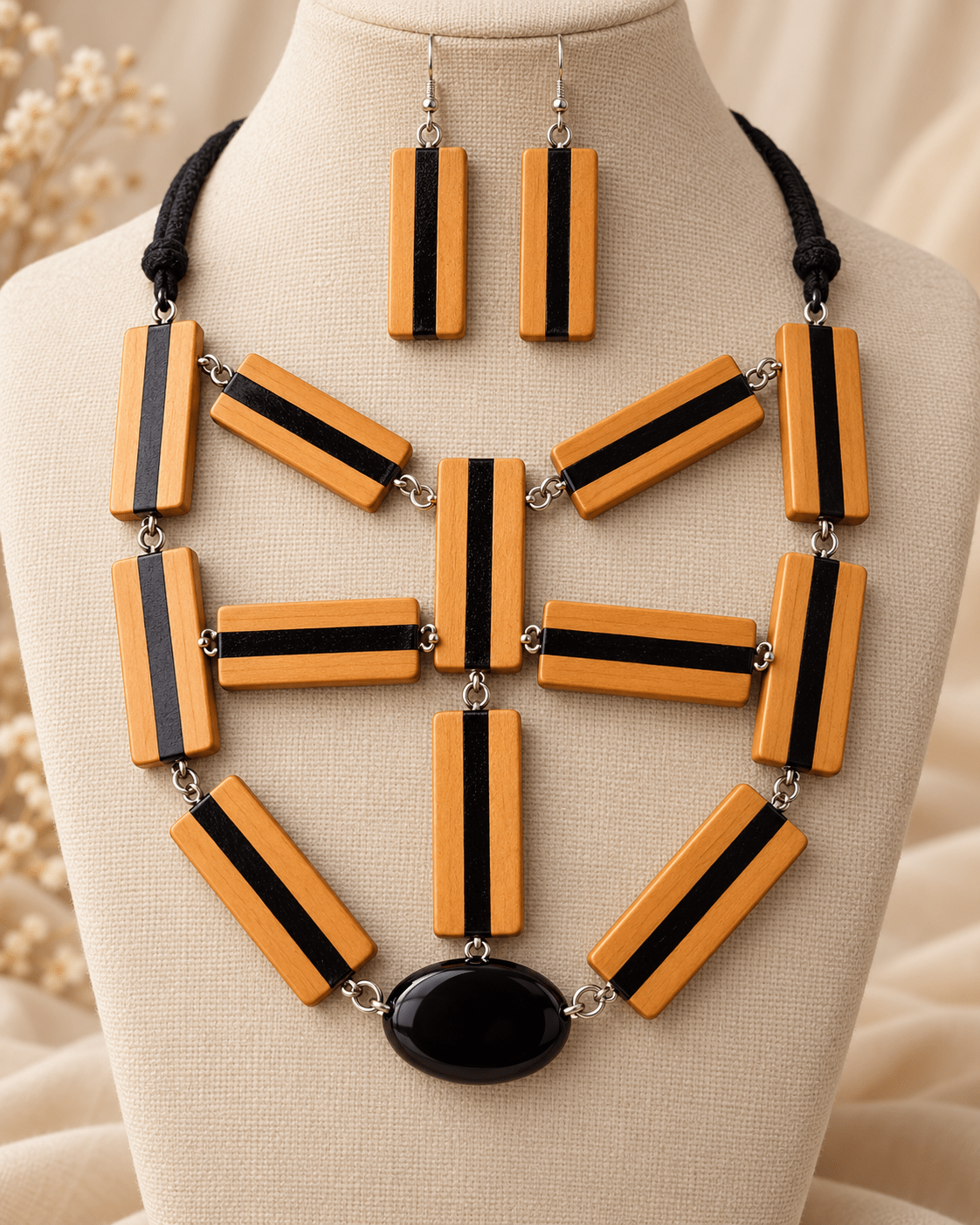 Sanskriti Wooden Jewellery Set – Joined Boxwood & Ebony Striped Bar Earrings with Bib Necklace - Chandrakalakriti