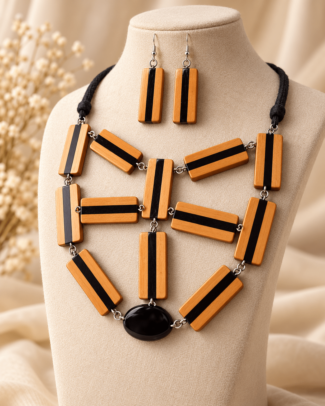 Sanskriti Wooden Jewellery Set – Joined Boxwood & Ebony Striped Bar Earrings with Bib Necklace - Chandrakalakriti