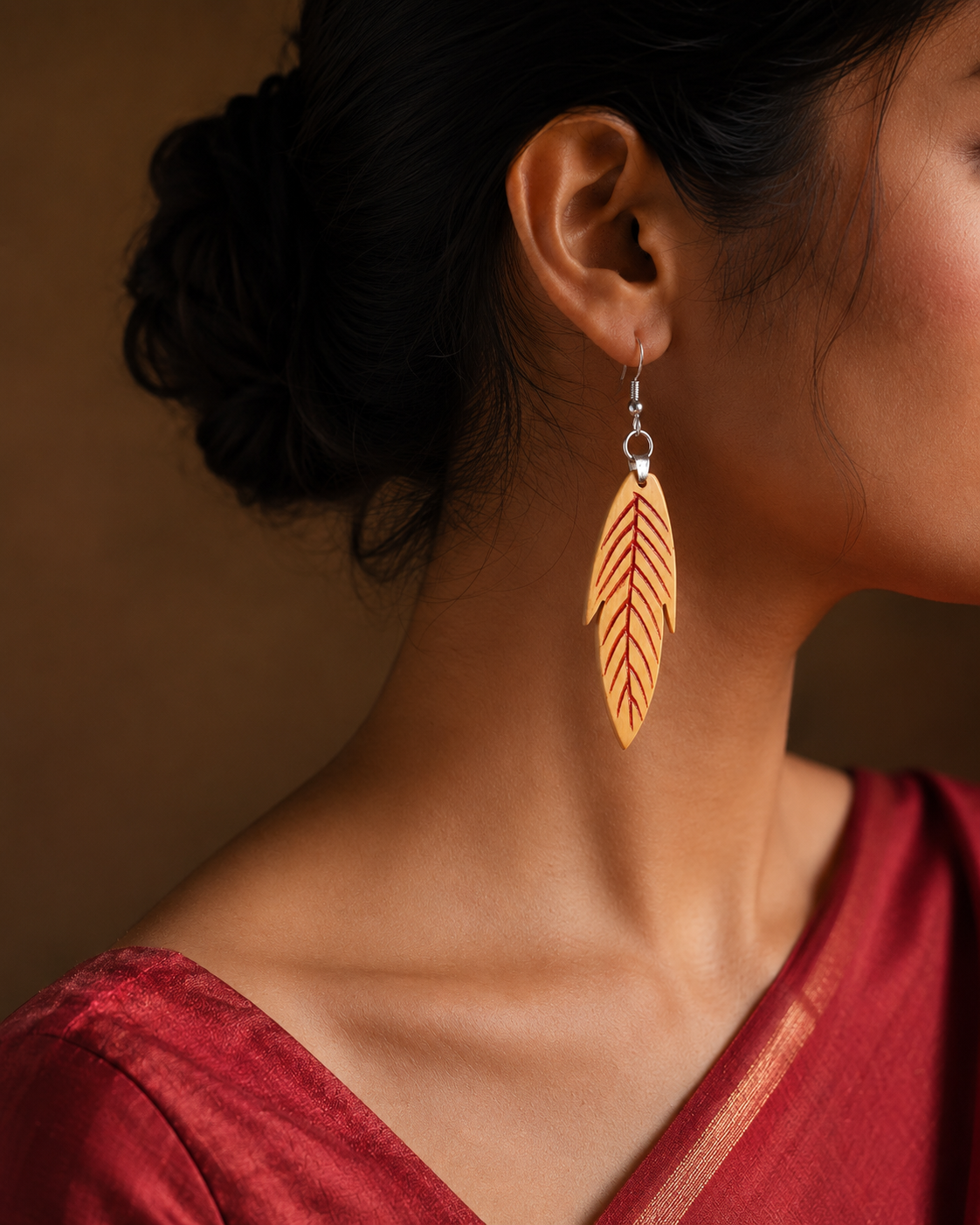 Taru Wooden Earrings – Hand-Carved Boxwood Leaf Drop Earrings