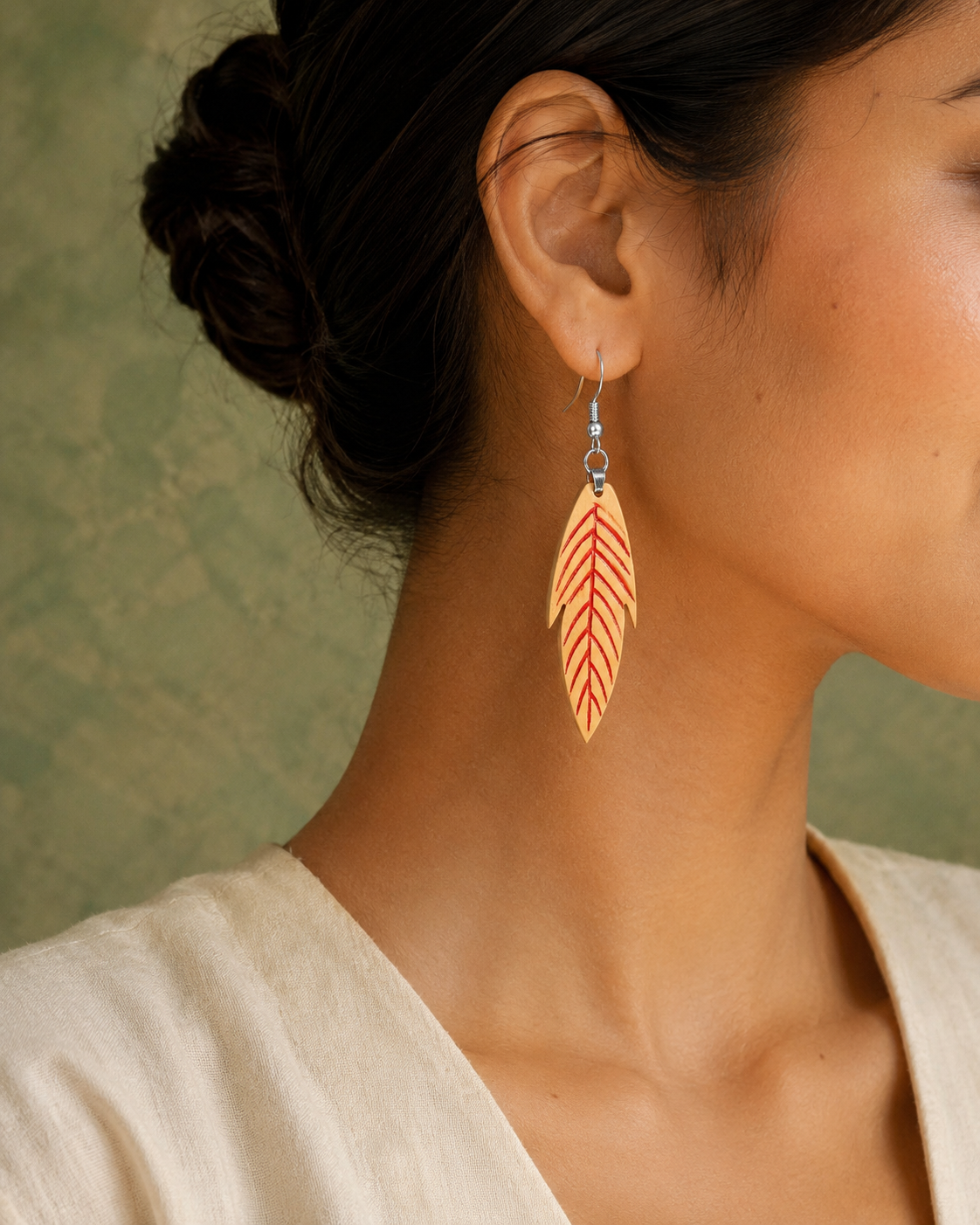 Taru Wooden Earrings – Hand-Carved Boxwood Leaf Drop Earrings