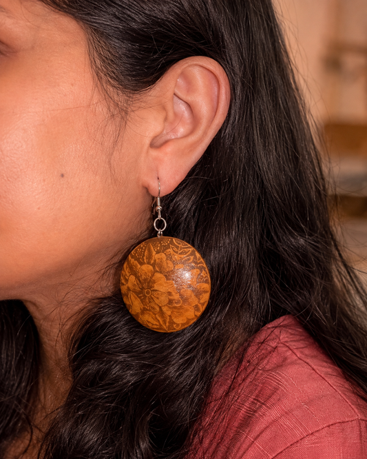 Madhulika Wooden Earrings – Engraved Boxwood Floral & Butterfly Discs