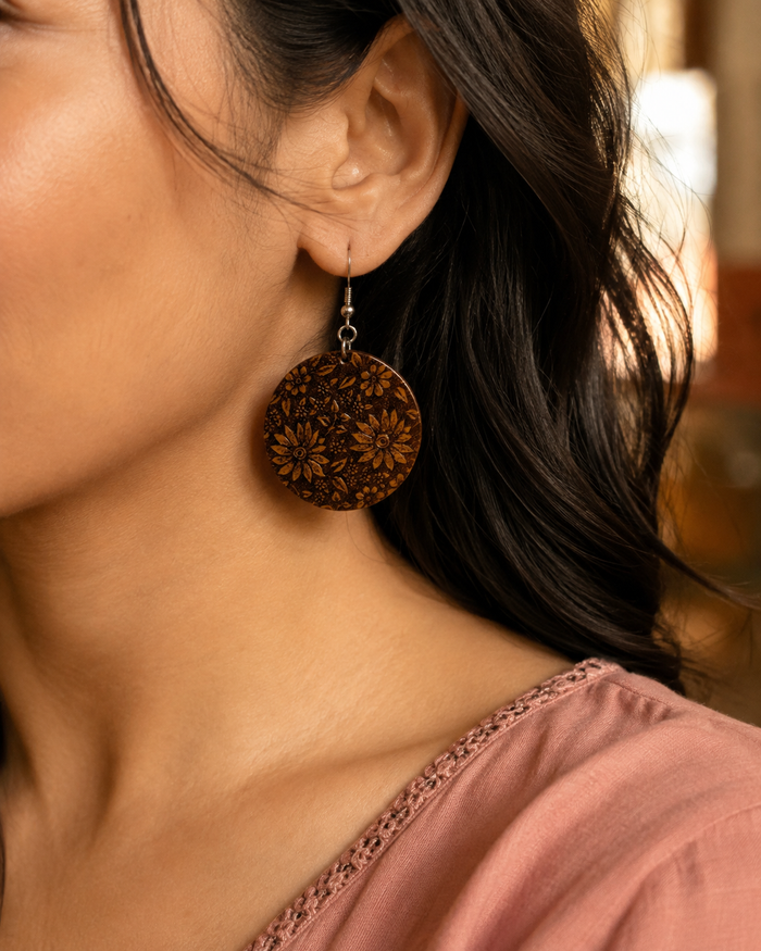 Vatika Wooden Earrings – Hand-Engraved Boxwood Garden Discs