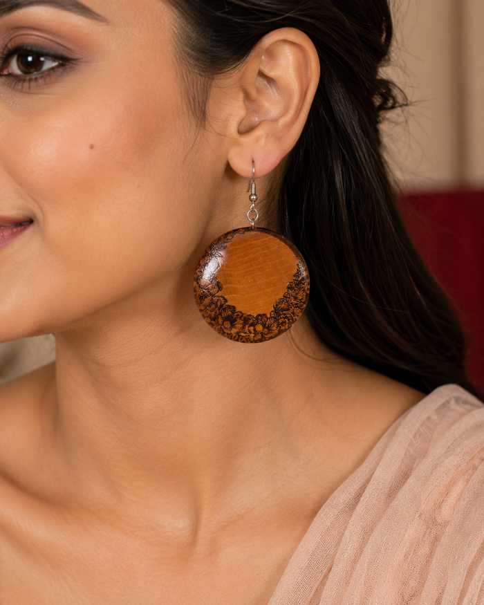 Flora Wooden Earrings – Engraved Boxwood Floral Border Discs