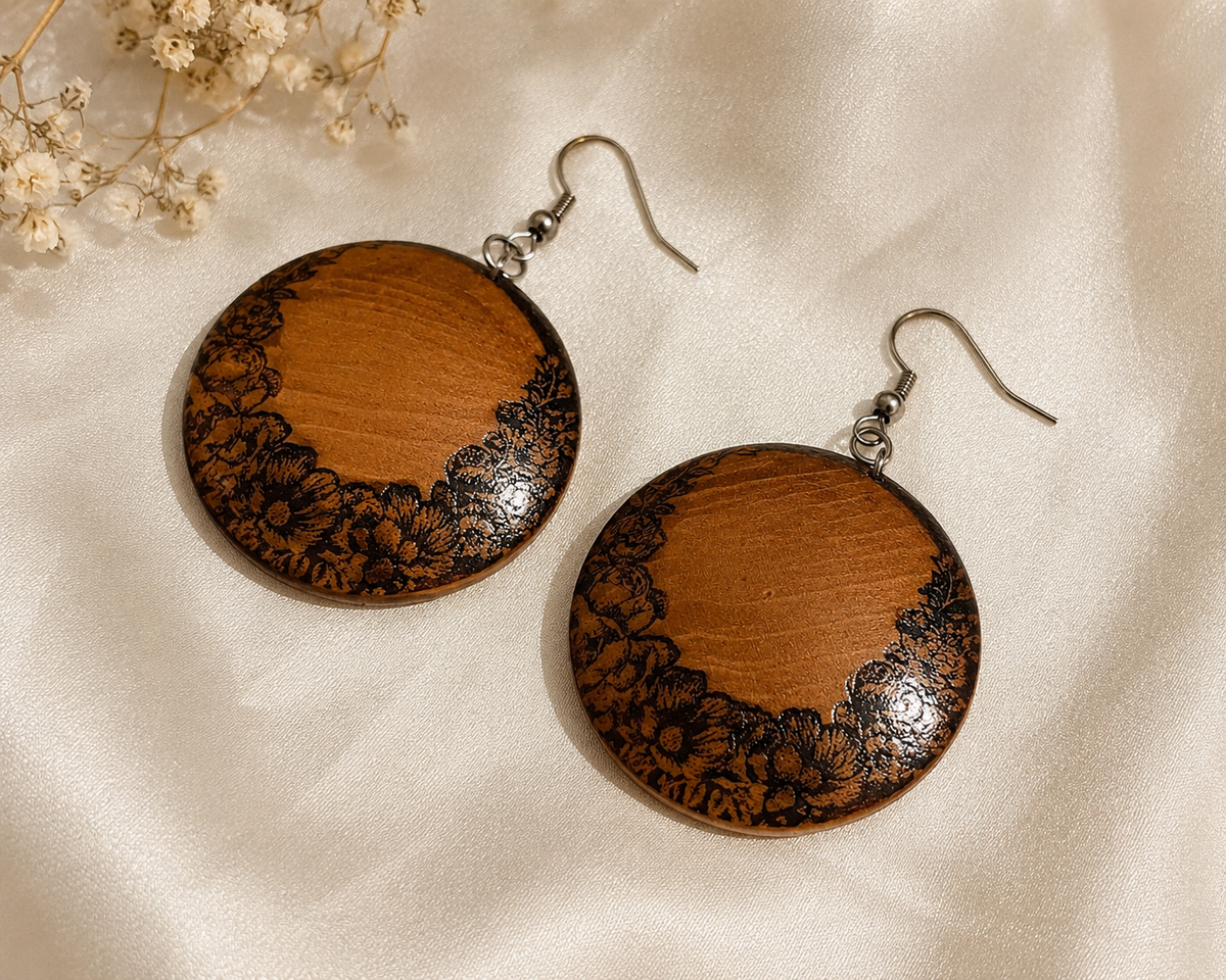 Flora Wooden Earrings – Engraved Boxwood Floral Border Discs
