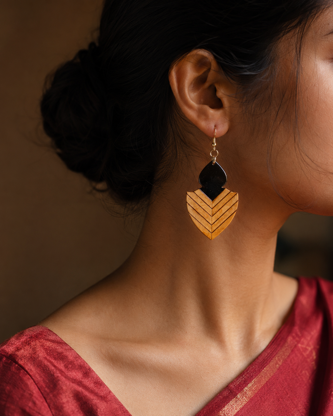 Varmini Wooden Earrings – Ebony Inlaid Boxwood Shield Danglers
