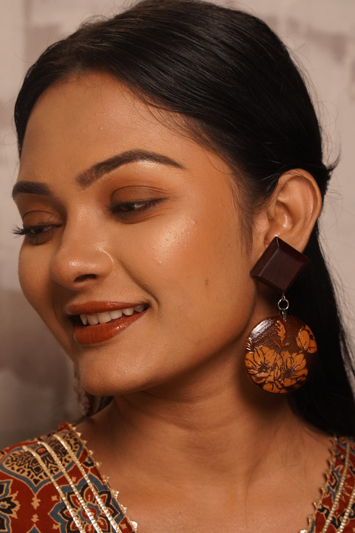 Gulmohar hand-engraved floral wooden dangle earrings in Padauk and Boxwood