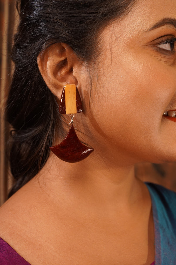 Amrita Wooden Earrings – Padauk & Boxwood Crescent Dangle Earrings