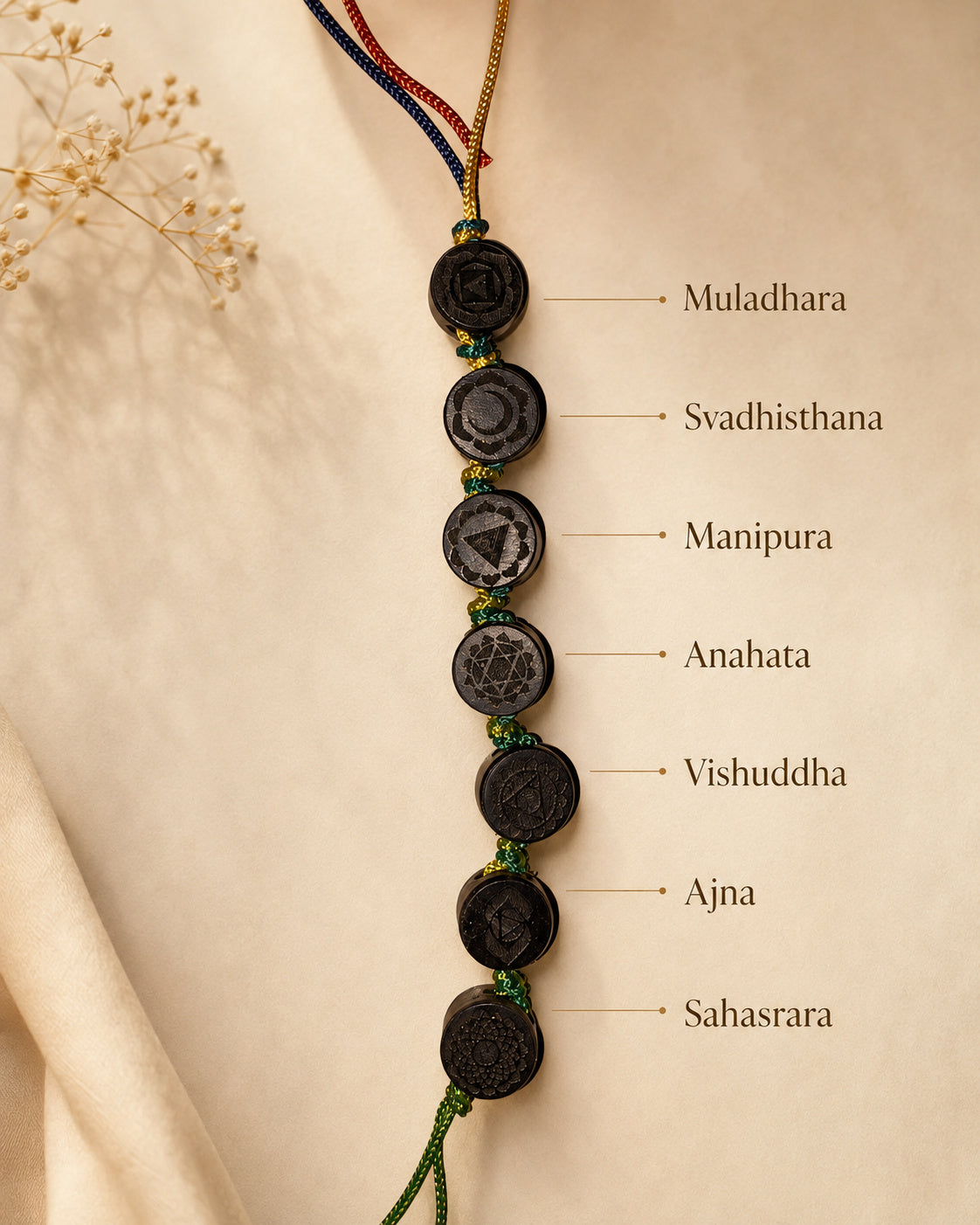 Kavach Wooden Bracelet – Hand-Engraved Ebony Seven Chakra Bracelet