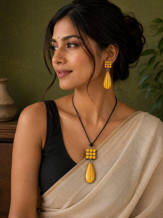Kavya Wooden Jewellery Set – Joined Boxwood Cubes & Ebony Inlay Earrings with Pendant - Chandrakalakriti