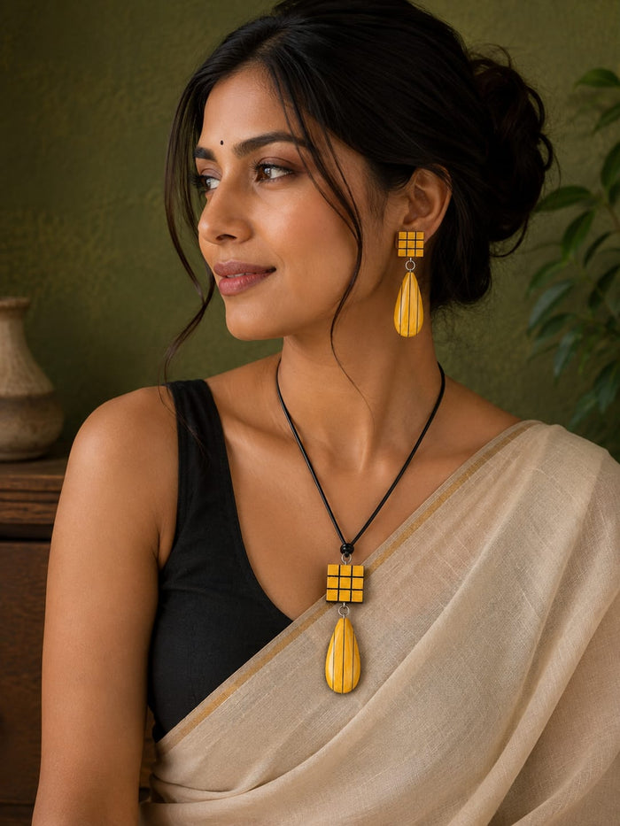Kavya Wooden Jewellery Set – Joined Boxwood Cubes & Ebony Inlay Earrings with Pendant - Chandrakalakriti