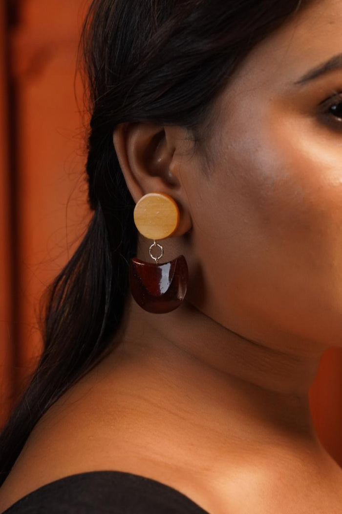 Vasanta Wooden Earrings – Maple Disc & Padauk Dome Danglers - Chandrakalakriti