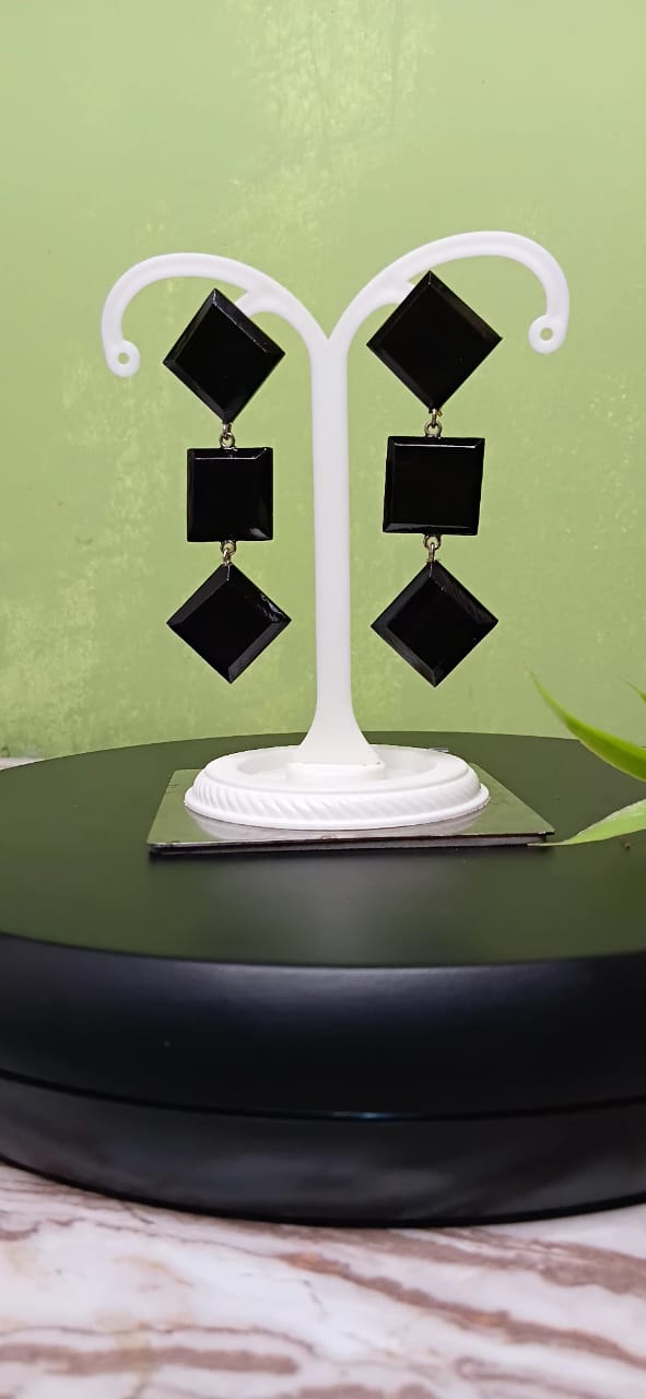 Trinetra Wooden Earrings – Triple Ebony Square Dangle Earrings