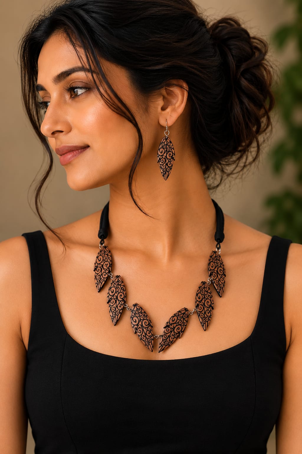 Kalpavalli Wooden Jewellery Set – Engraved & Filled Boxwood Leaf Earrings with Necklace - Chandrakalakriti