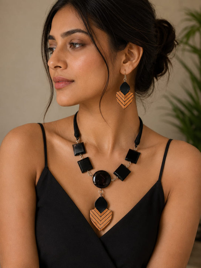 Varmini Wooden Jewellery Set – Ebony Inlaid Boxwood Shield Earrings with Necklace - Chandrakalakriti