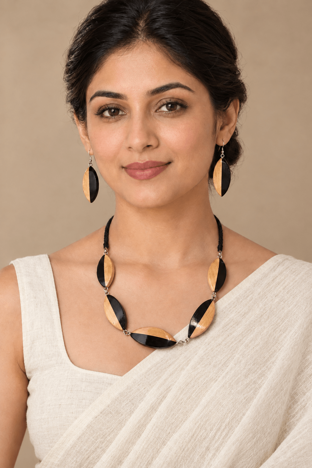 Dwaita Wooden Jewellery Set – Joined Boxwood & Ebony Two-Tone Earrings with Necklace - Chandrakalakriti