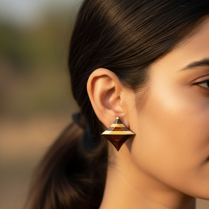 Jaya Ebony and Boxwood diamond stud earring worn, shown in daylight
