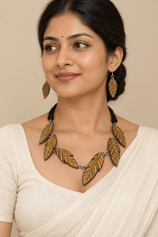 Kisalaya Wooden Jewellery Set – Yellow & Green Carved Boxwood Leaf Necklace with Earrings - Chandrakalakriti
