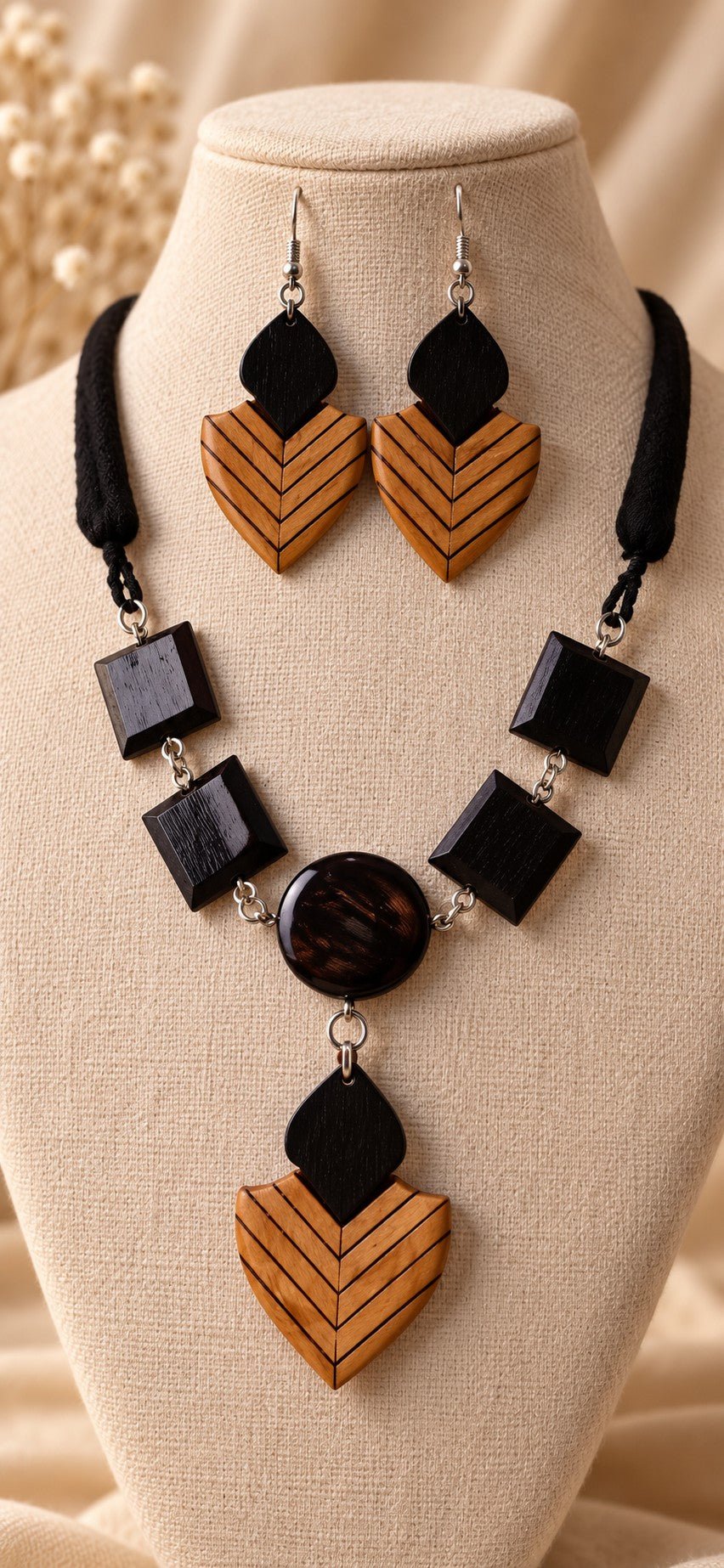 Varmini Wooden Jewellery Set – Ebony Inlaid Boxwood Shield Earrings with Necklace - Chandrakalakriti