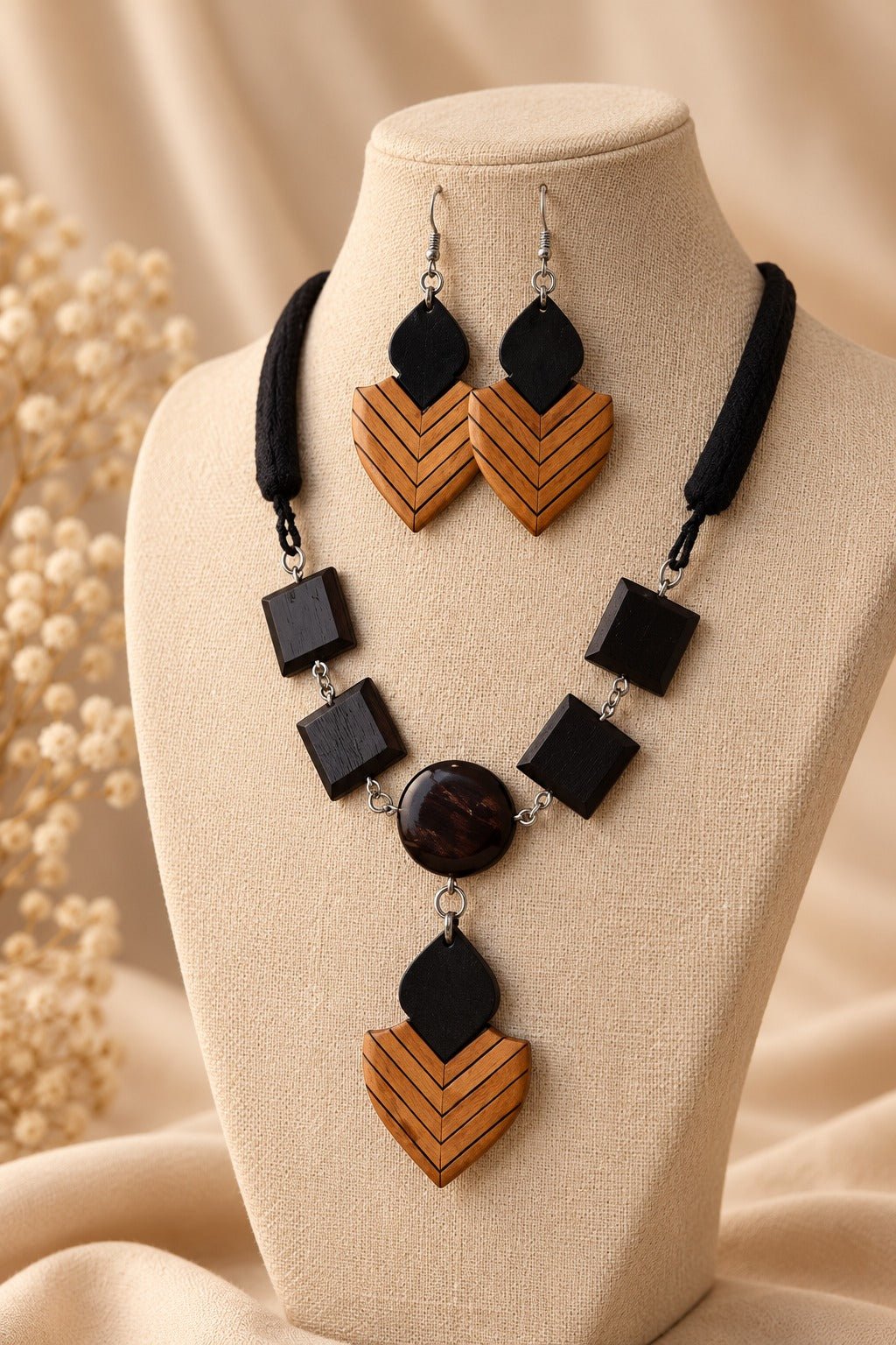 Varmini Wooden Jewellery Set – Ebony Inlaid Boxwood Shield Earrings with Necklace - Chandrakalakriti