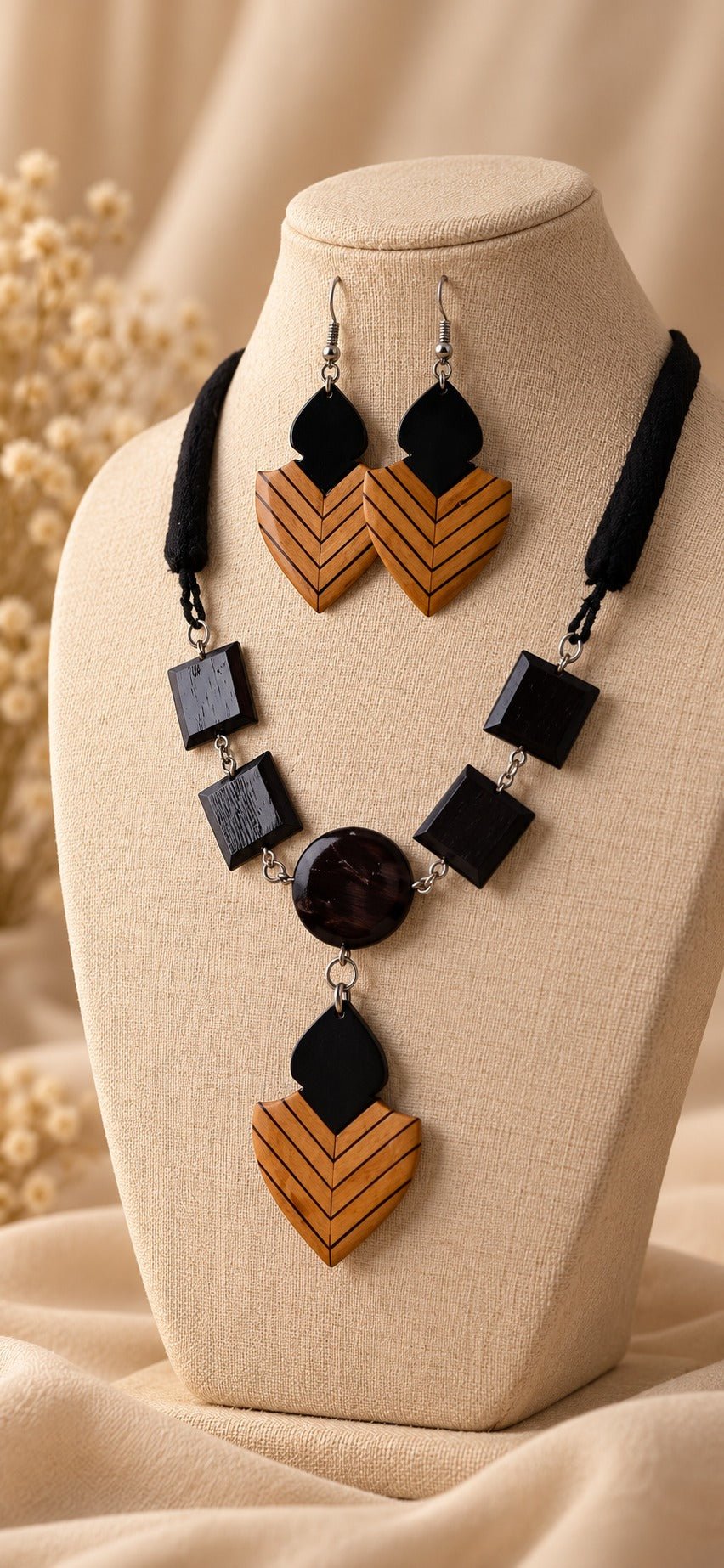 Varmini Wooden Jewellery Set – Ebony Inlaid Boxwood Shield Earrings with Necklace - Chandrakalakriti