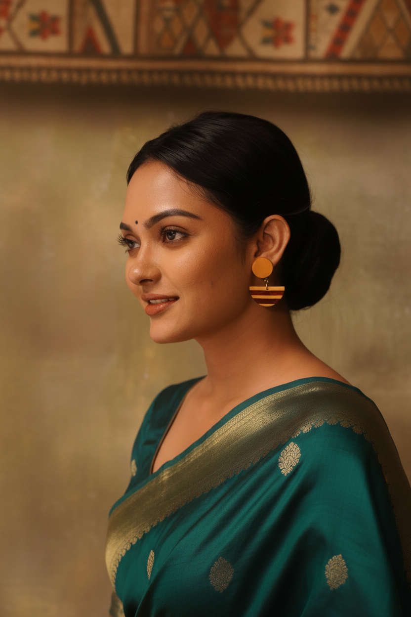Raga banded wooden earrings styled with a saree, handcrafted by Chandrakalakriti