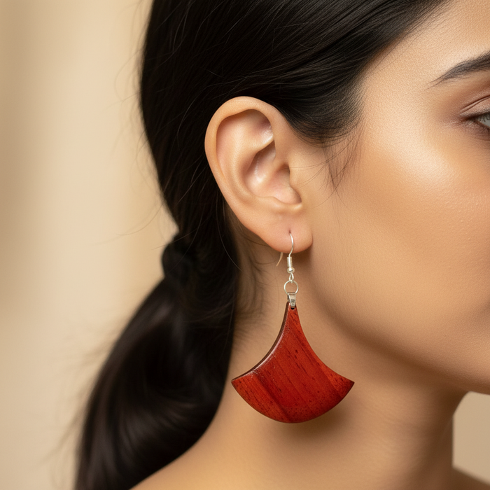 Aruna Padauk fan drop earring worn, about 4 cm