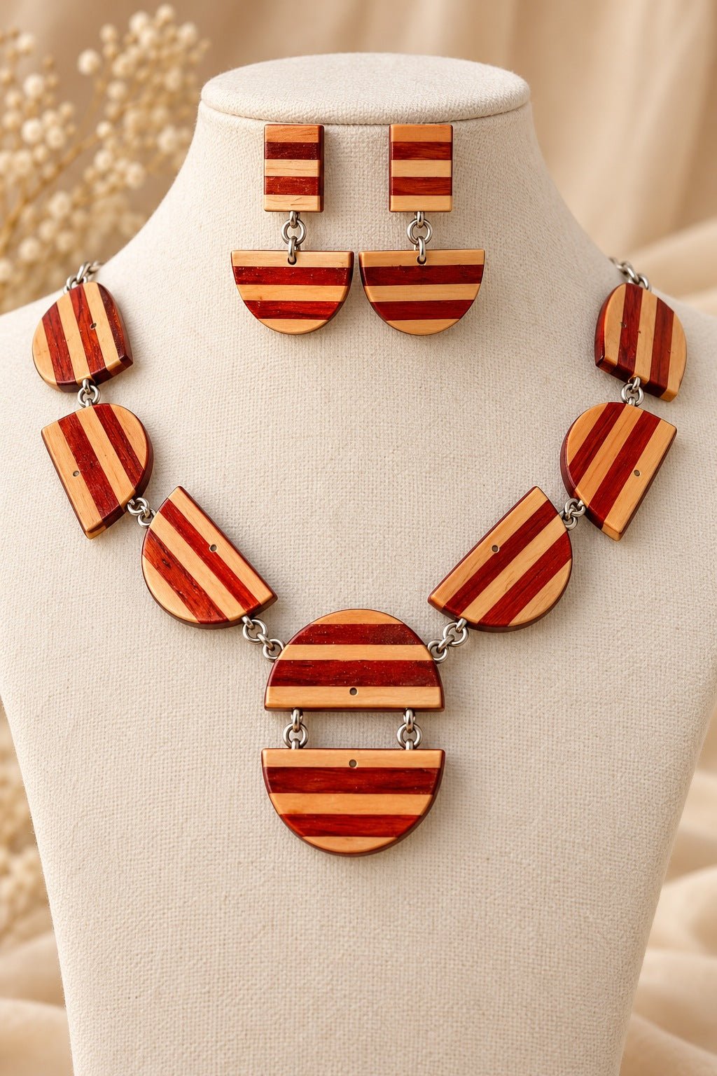 Usha Wooden Jewellery Set – Graduated Padauk & Boxwood Half-Round Necklace with Earrings - Chandrakalakriti