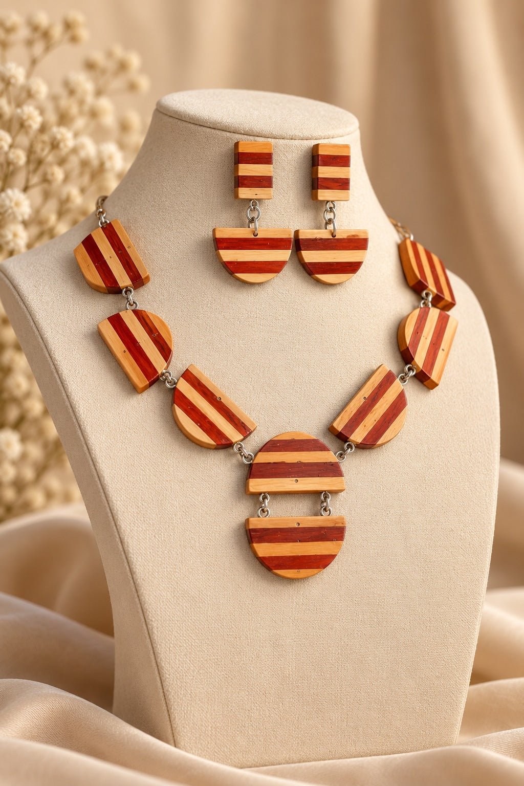 Usha Wooden Jewellery Set – Graduated Padauk & Boxwood Half-Round Necklace with Earrings - Chandrakalakriti